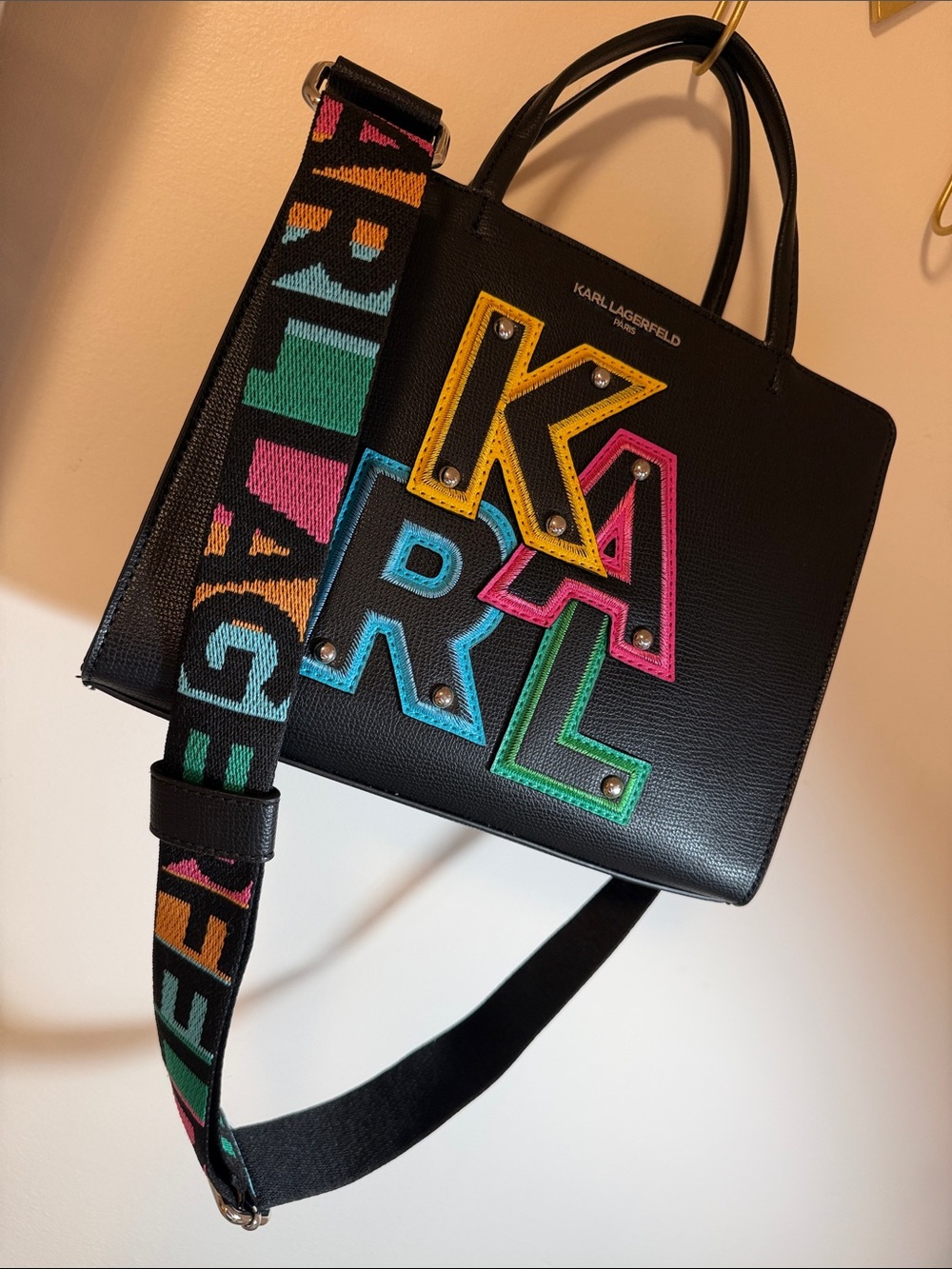 Karl Lagerfeld Black Tote with Neon Multicolor Logo & Woven Strap BRAND NEW ✨